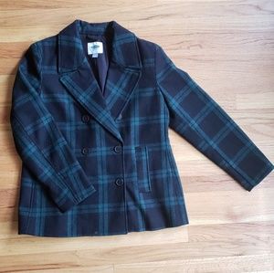 ON L black plaid wool peacoat
